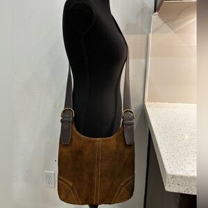 Coach Brown Suede Shoulder Bag with Dark Brown Straps